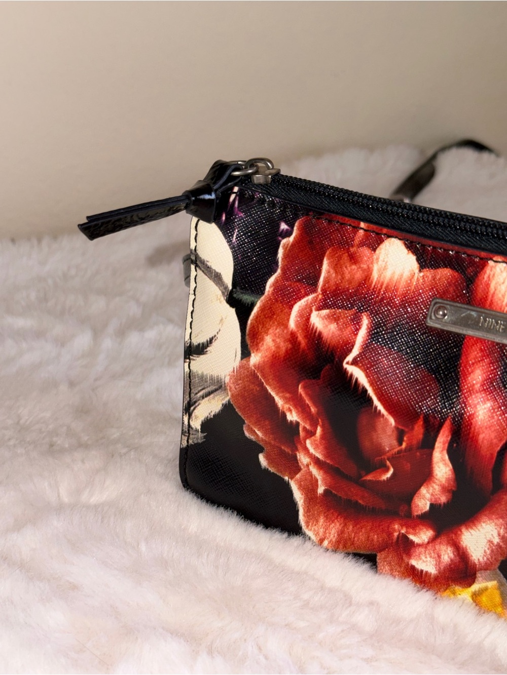 Nine West Floral Zip Mini Shoulder Purse- Black with Red Rose Print - Picture 10 of 16